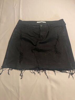Celebrity Pink Black Distressed Denim Mini Skirt with Raw Hem